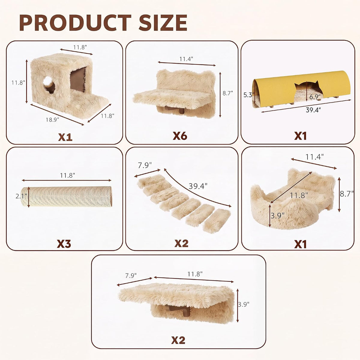 Cat Wall Furniture, 16 in 1 Cat Shelves w/Tunnel & Bridge, Beige
