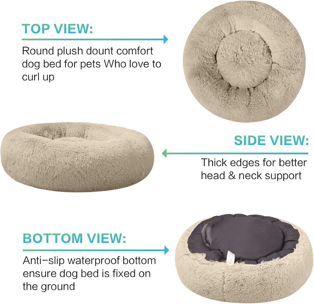 SAVFOX 45 inches Calming Donut Dog Bed - 3X Durable Plush Faux Fur, Machine Washable & Non-Slip, Fits up to 150 lbs, Beige
