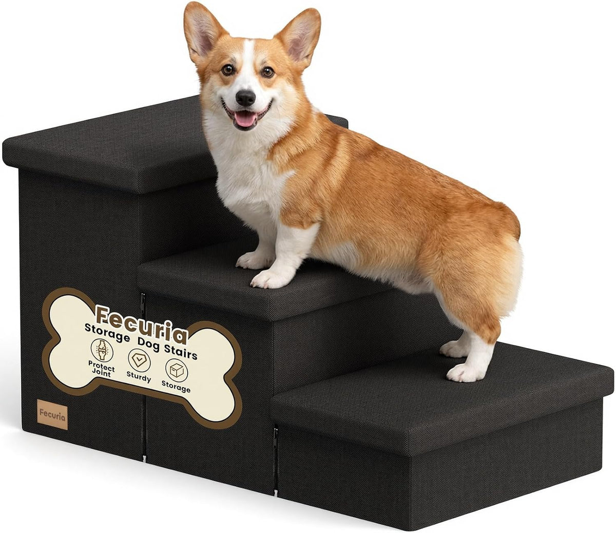 3-Step Wide Dog Stairs with Storage 18" H, Non-Slip Sturdy Pet Steps for High Bed Couch Window, Pet Stairs for Small/Medium/Large Old Dogs Cats Up to 200lbs, Cat Dog Steps for Car/SUV, Black