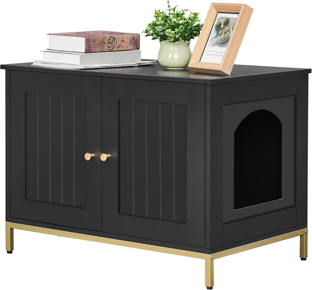 Homhedy 28.3" L Cat Litter Box Enclosure with Metal Frame, Black and Gold