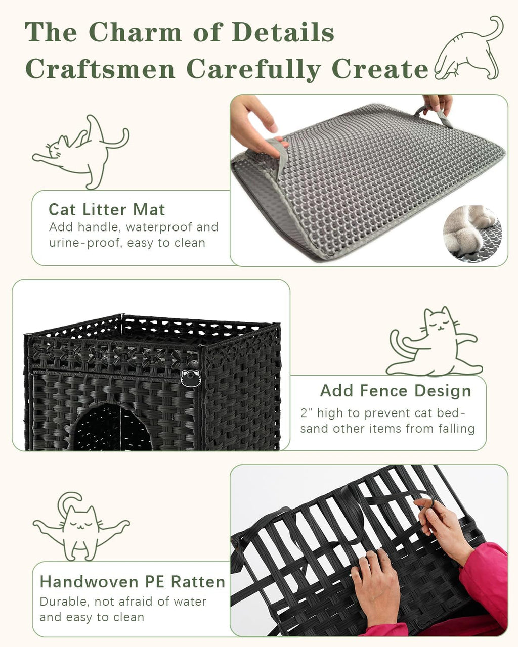 SETVSON Cat Litter Box Enclosure Furniture, Hidden PE Rattan, Black