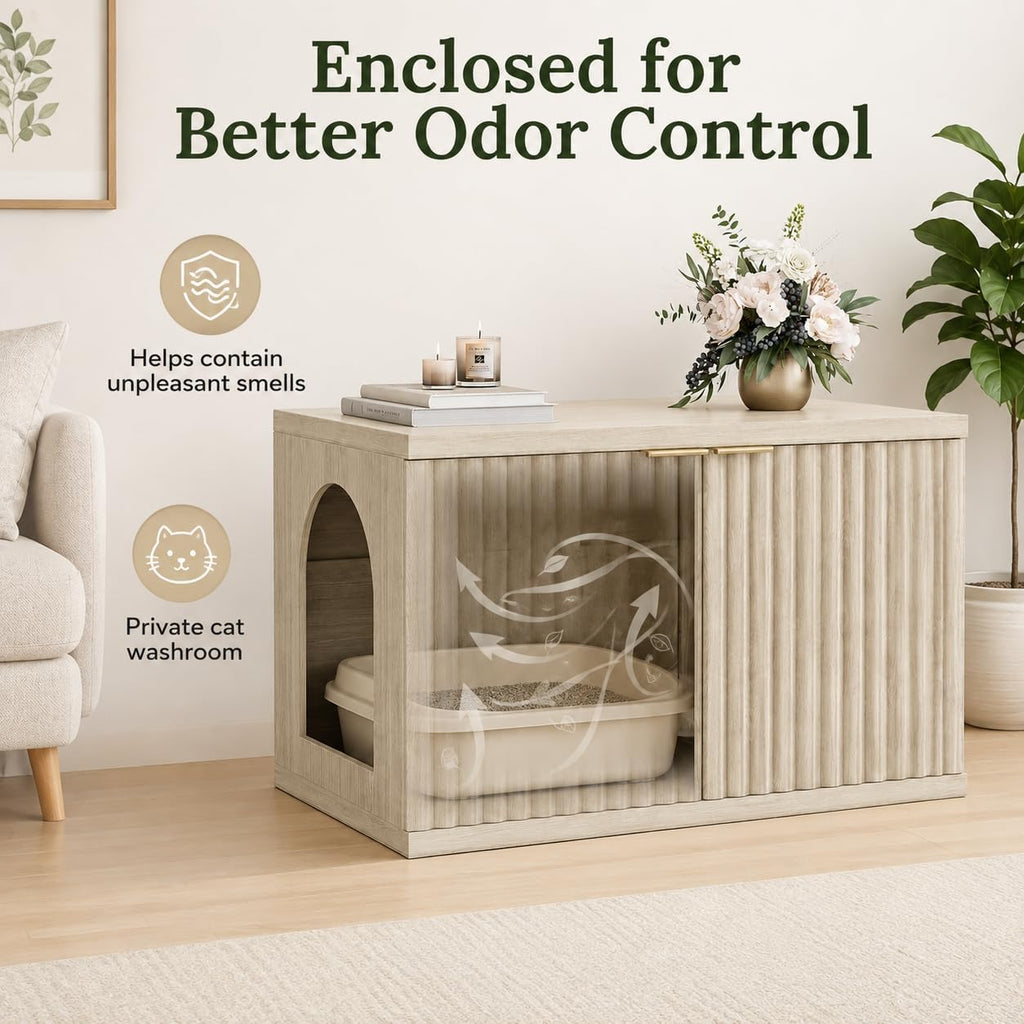 Homhedy Cat Litter Box Enclosure,Modern Fluted Accent,Cream Gray