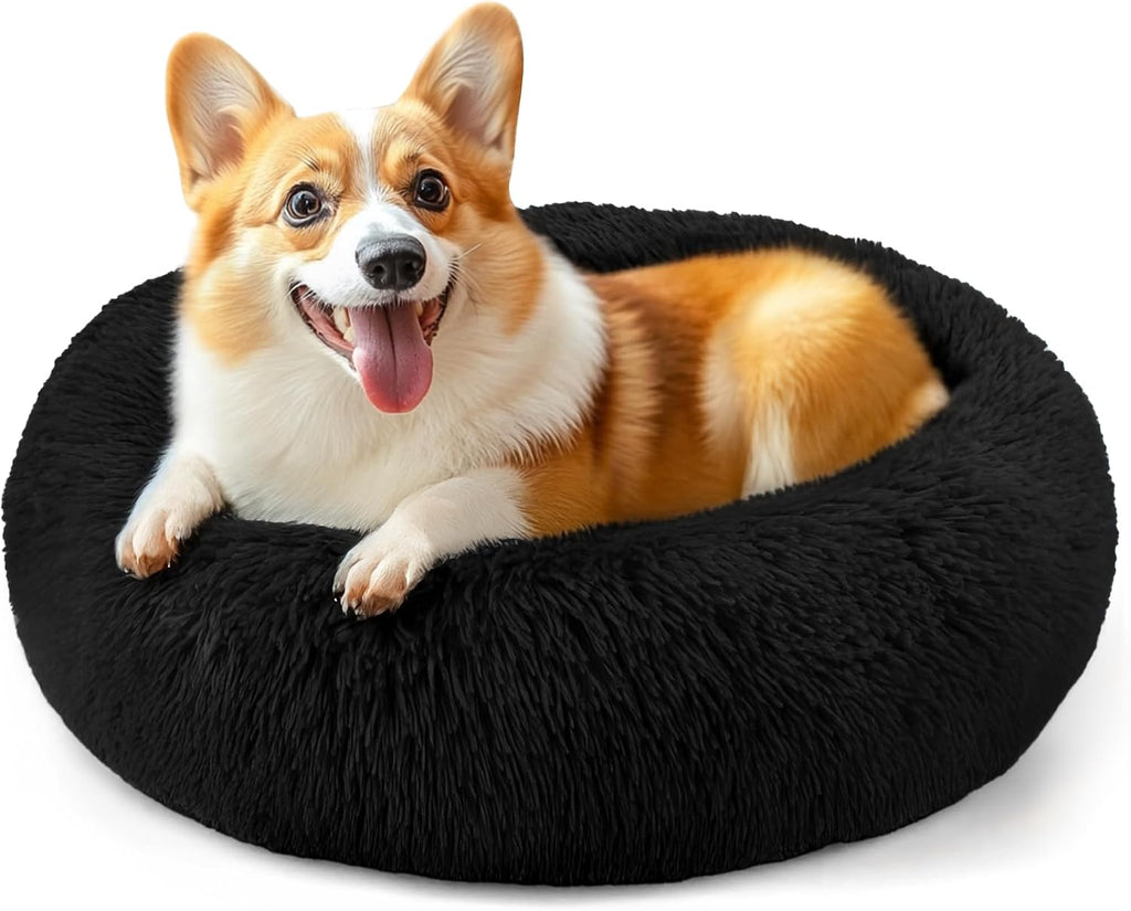 28in Large Dog Bed, Calming Donut Bed for Puppy and Kitten (Black)