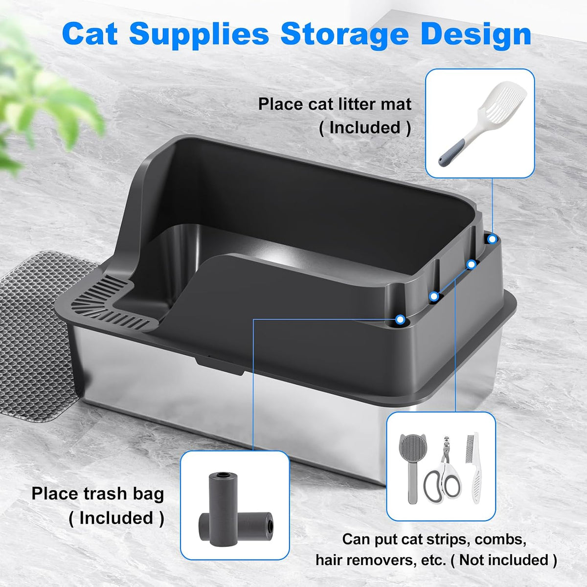 Non-Stick Stainless Steel Litter Box, XL Side Open Splash-Proof&Leak-Proof | Seamless Seal, Ellenpent Large Capacity, Cat Litter Box with Lid for Multi-Cats, Large Cats, Easy-Clean & Durable (Gray)