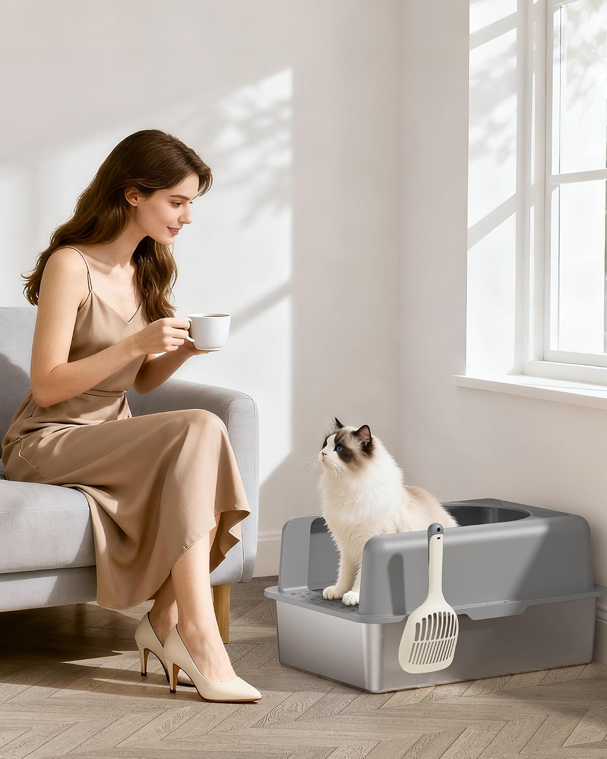 Stainless Steel Cat Litter Box, Extra Large High Sided Litter Boxs for Big Cats, XL Metal Litter Box with Lid, Non Stick, No Smell, Easy to Clean, Included Scoop
