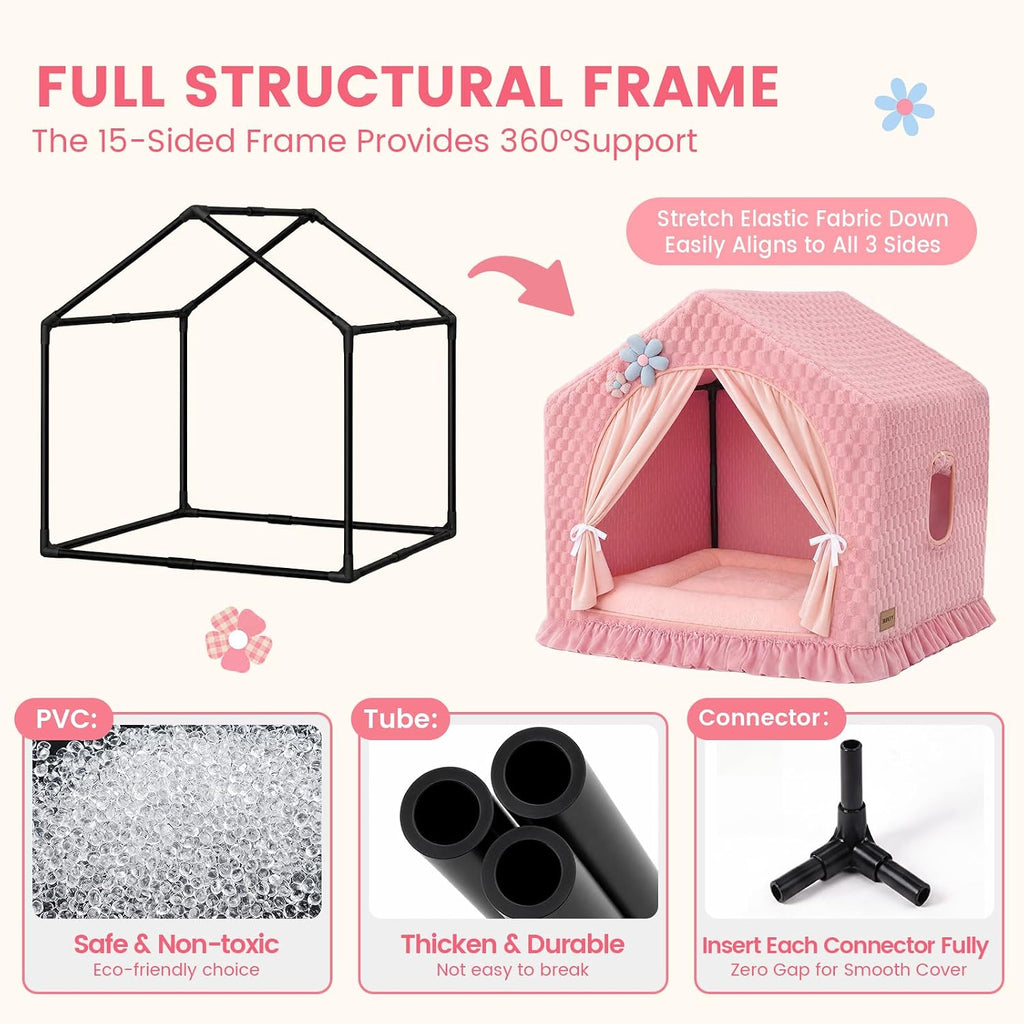 Indoor Dog House with Frame,Cute Large Dog Tent Bed with Cover Cave,Pink