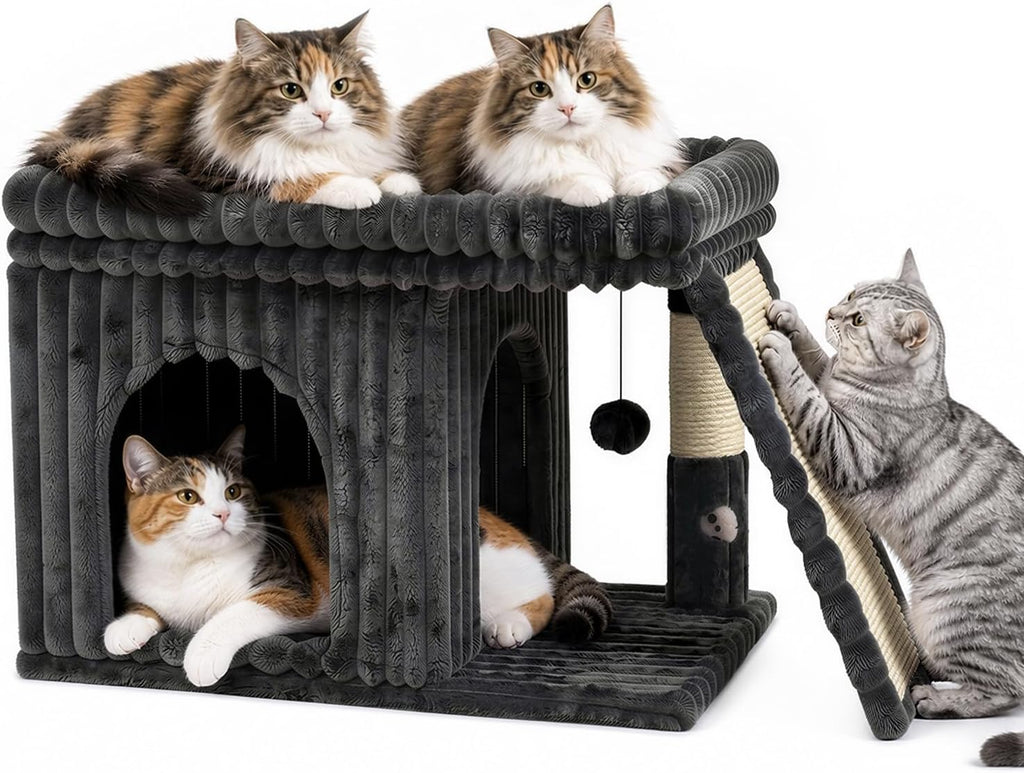 Cat Tree Tower with Scratching Post for Large Kitty, Gray Ribbed