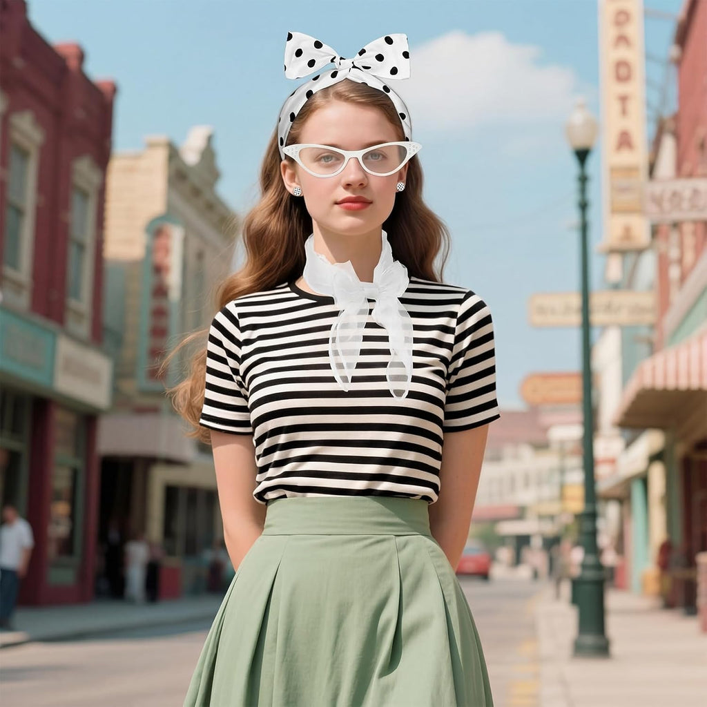 50s Set 50's Costume Accessories Chiffon Scarf Cat Eye Glasses Bandana Tie Headband Earrings for Cosplay Party