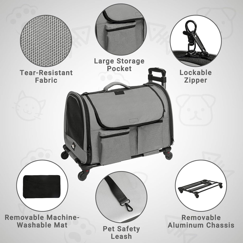 Large Pet Carrier with Wheels, Foldable Rolling Dog Carrier with Big Pocket, Cat Rolling Bag 21"x13"x13" for 2 Cats &Dogs, for Travel, Outdoor, Vet Visits, Camping, Indoor. Gray. (Not for Airline)
