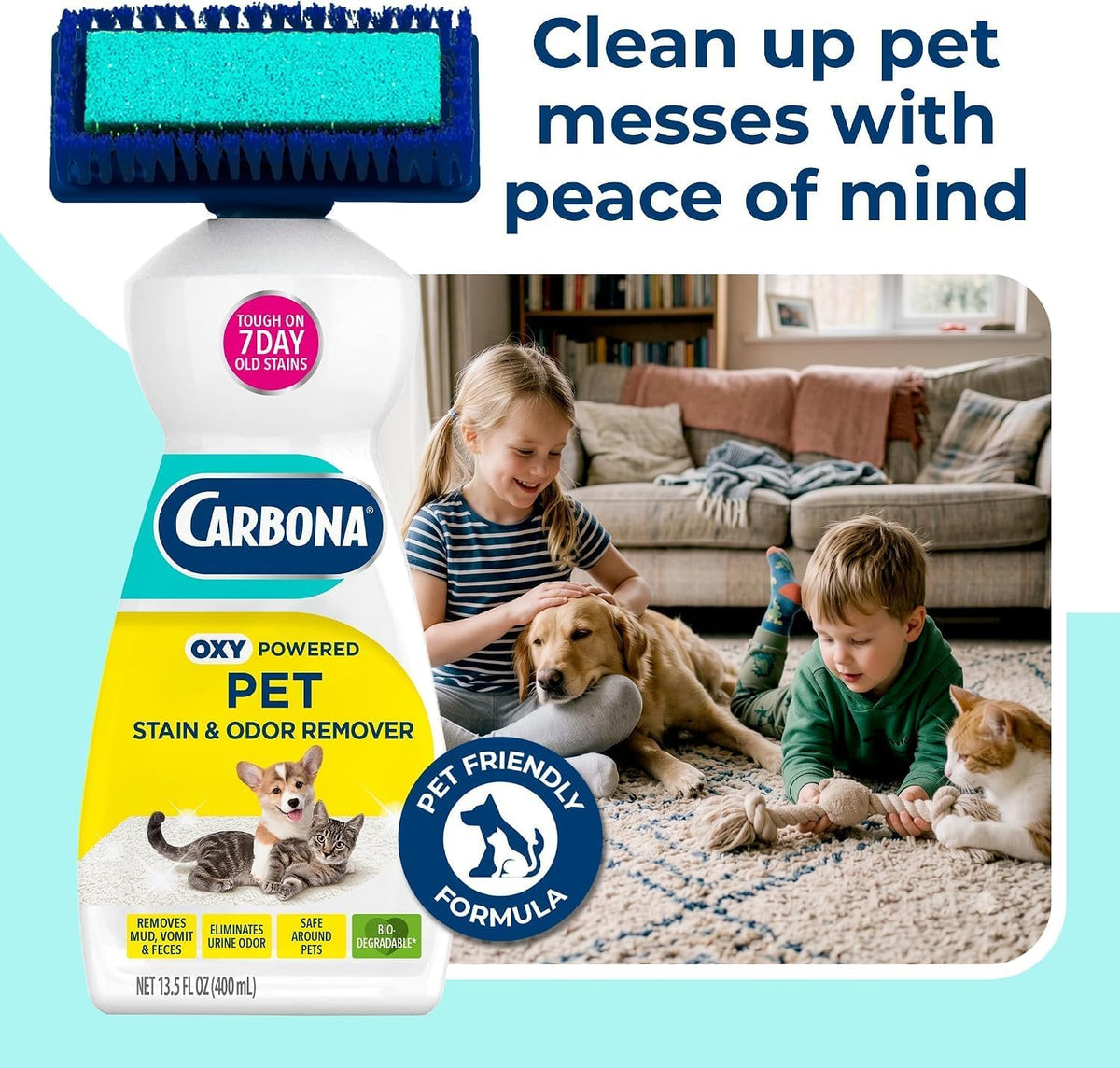 Carbona Oxy-Powered Pet Stain & Odor Remover, 2-in-1 Foaming Carpet Cleaner with Built-In Brush, Targets Urine, Vomit, Mud Messes from Dogs, Cats, 13.5 Oz (Pack of 3)