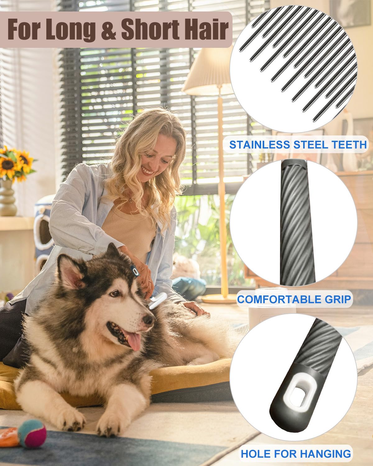 2 PCS Pet Comb with Long & Short Stainless Steel Teeth,Flea and Tick Comb for Dogs & Cats,Pet Grooming Brush for Short&Long Hair,2 different shapes with Rubber Handle