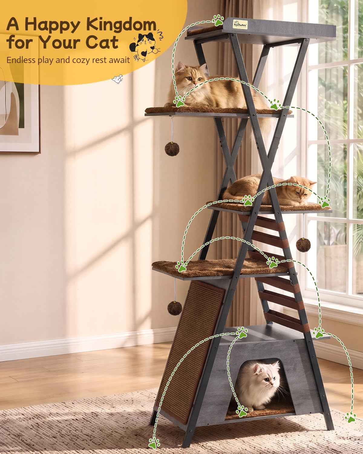 FourFurPets 72.4" Modern Cat Tree for Indoor Cats, Multi-Level Cat Condo