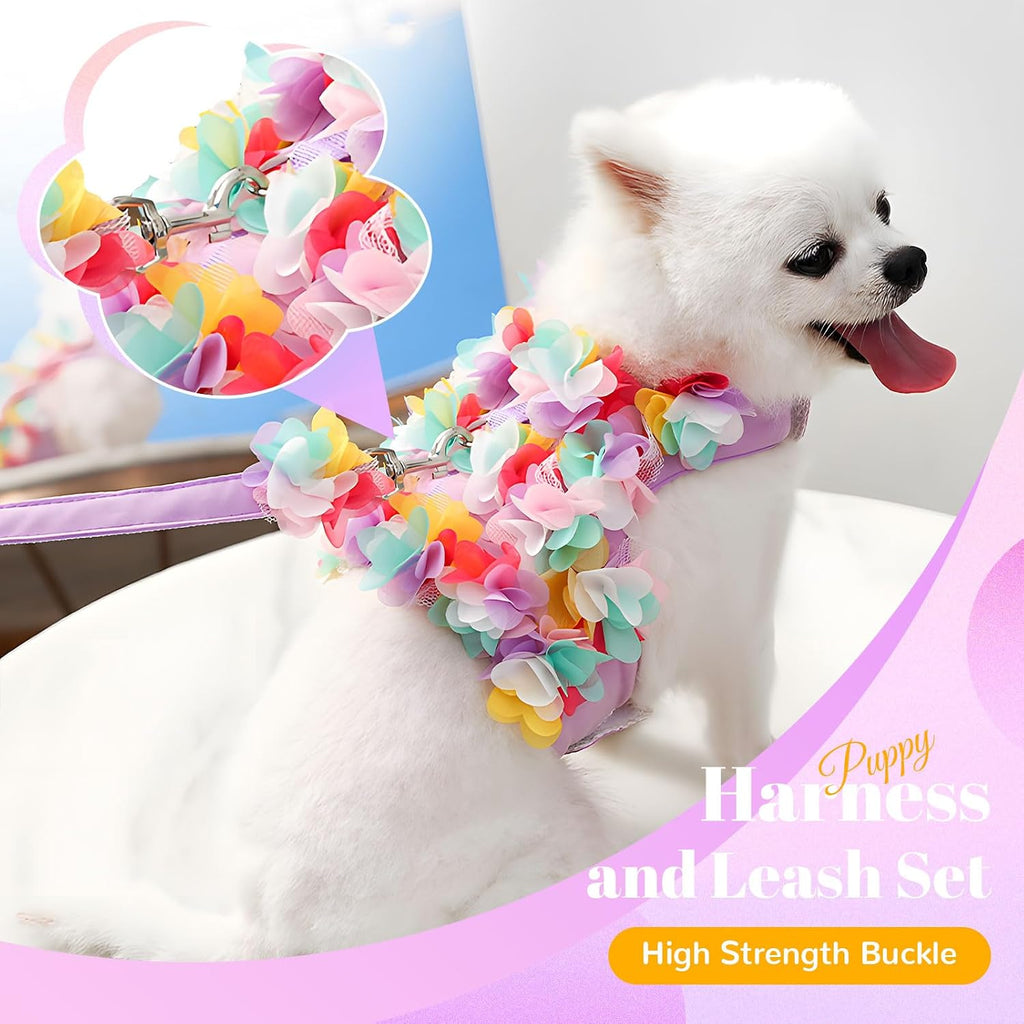 Cute Small Dog Harness and Leash Set Purple Lace Floral Girl Puppy Harness for Small Dogs Cats Soft Mesh Dog Vest Harness Escape Proof Pet Cat Harness Outfits