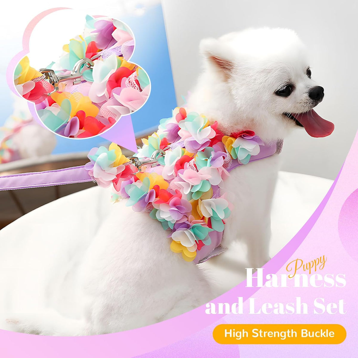 Cute Small Dog Harness and Leash Set Purple Lace Floral Girl Puppy Harness for Small Dogs Cats Soft Mesh Dog Vest Harness Escape Proof Pet Cat Harness Outfits