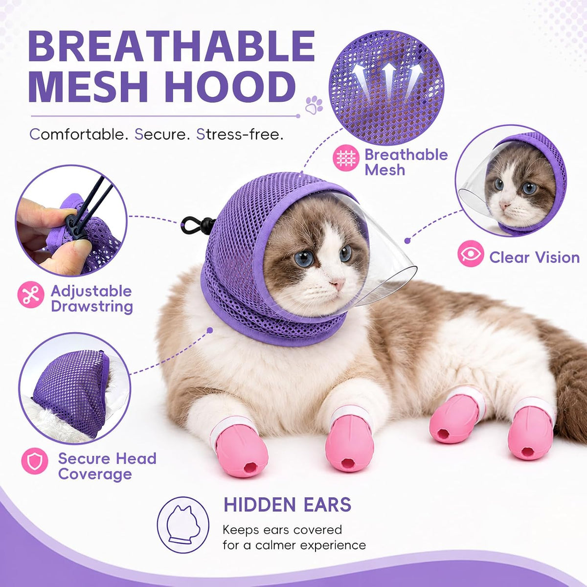 Cat Muzzle for Grooming with 4 Claw Cover, Breathable Cat Helmet for Biting