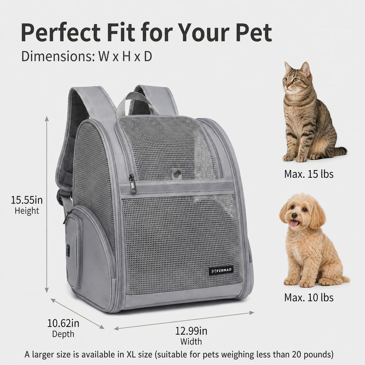 Cat Backpack Carrier for Small Dogs and Medium cat Puppy Kitten Bunny Pet Carrier Backpack Collapsible with Fully Ventilated Mesh with Safety Leash (Gray, 12.9" L x 10.62" W x 15.5" H - M)