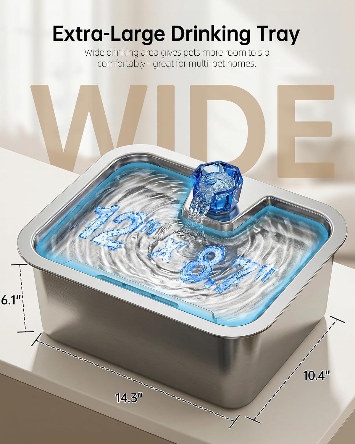10L (2.64 Gallon) Dog Water Fountain with Silicone Mat, Stainless Steel Pet Water Dispenser with 6 Filters, Quiet Automatic Water Bowl for Large Dogs and Multi-Pet Homes, Easy to Clean