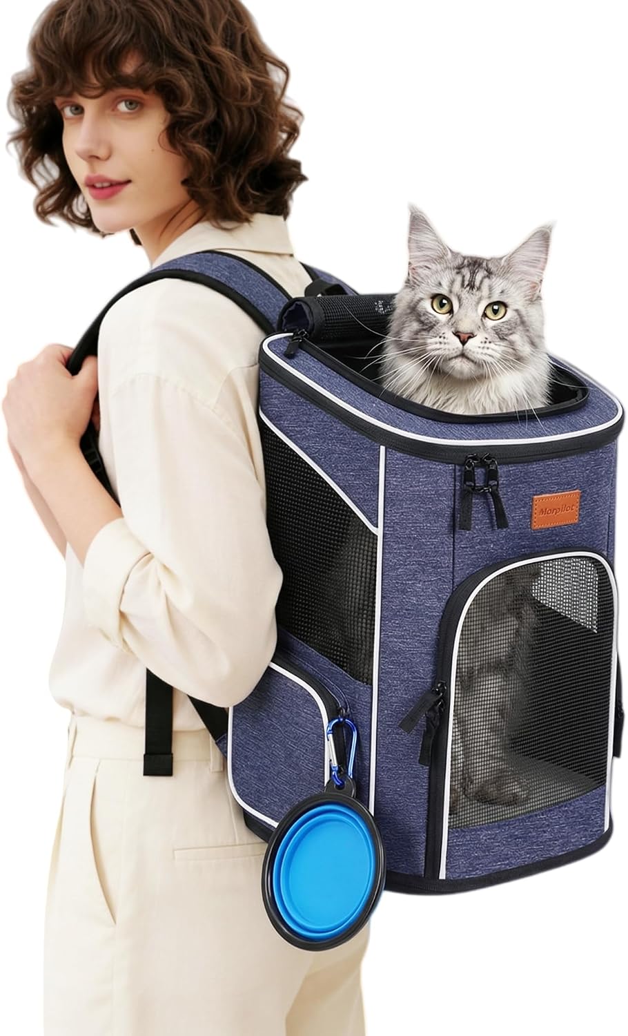 Morpilot Expandable Cat Carrier Backpack for Small Dogs & Cats Up to 25lbs, Breathable Mesh Pet Travel Backpack with Safety Leash, Foldable Airline Approved Carrier for Hiking Camping Outdoor, Blue