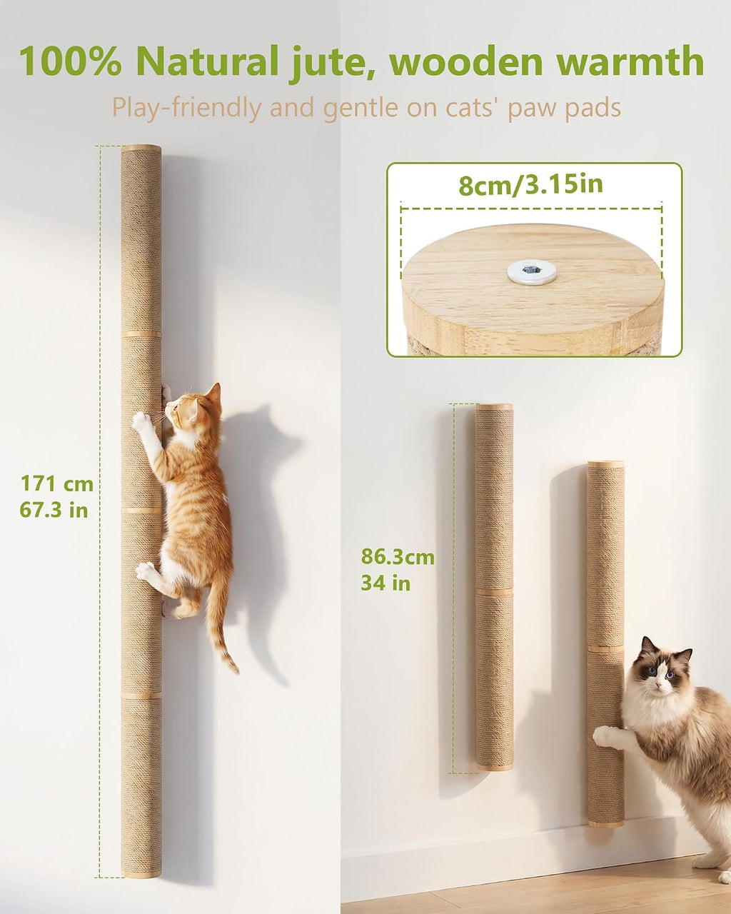 67" Cat Scratching Post Wall-Mounted for Indoor Cats(Wooden-2pc)
