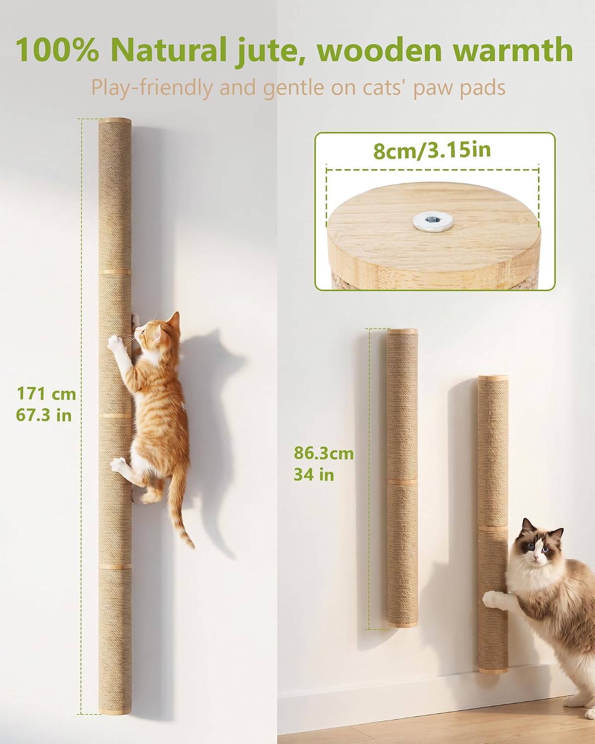 67" Cat Scratching Post Wall-Mounted for Indoor Cats(Wooden-2pc)