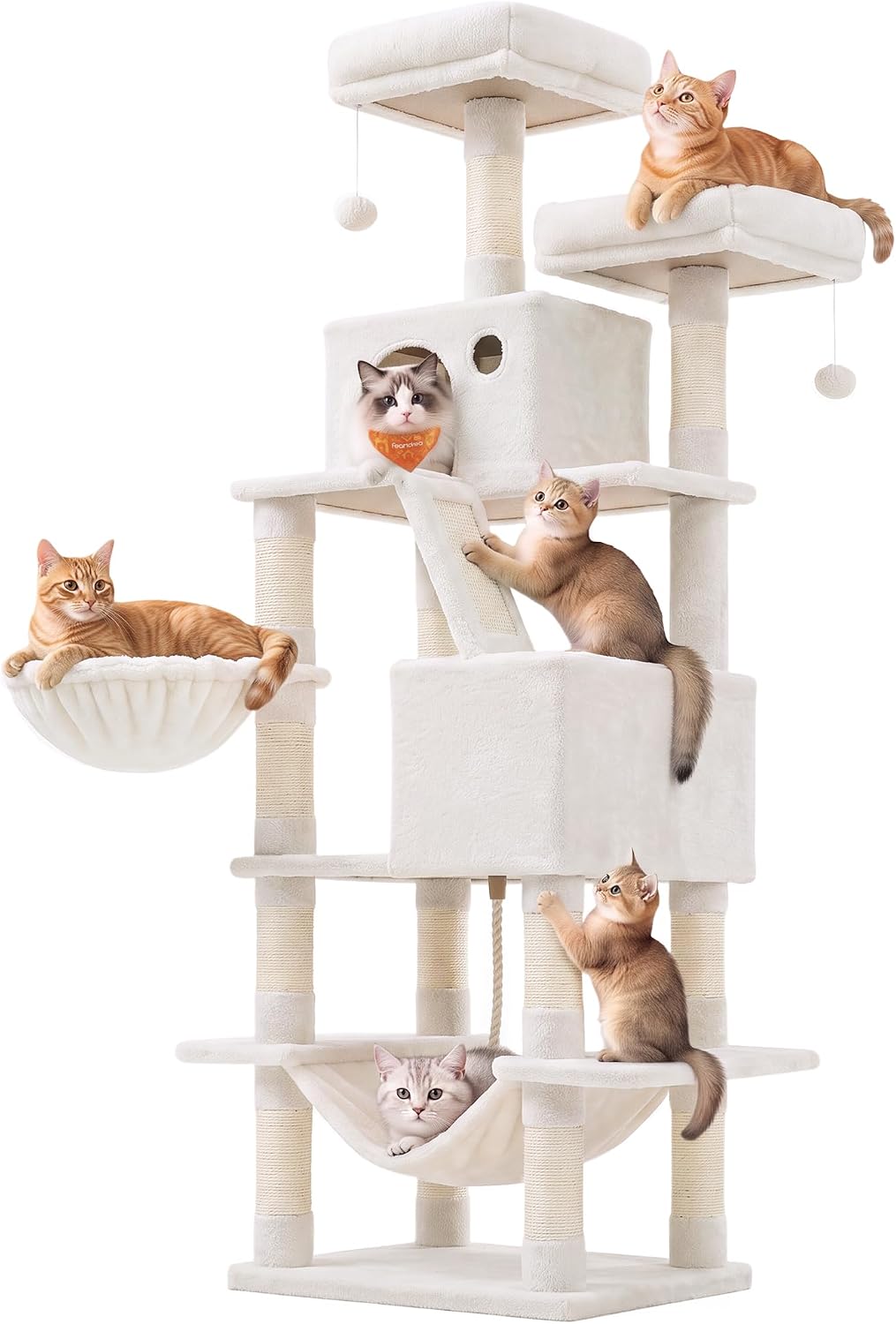 Feandrea Cat Tree, 66.1-in Large Cat Tower, Multi-Level Condo, Cream White