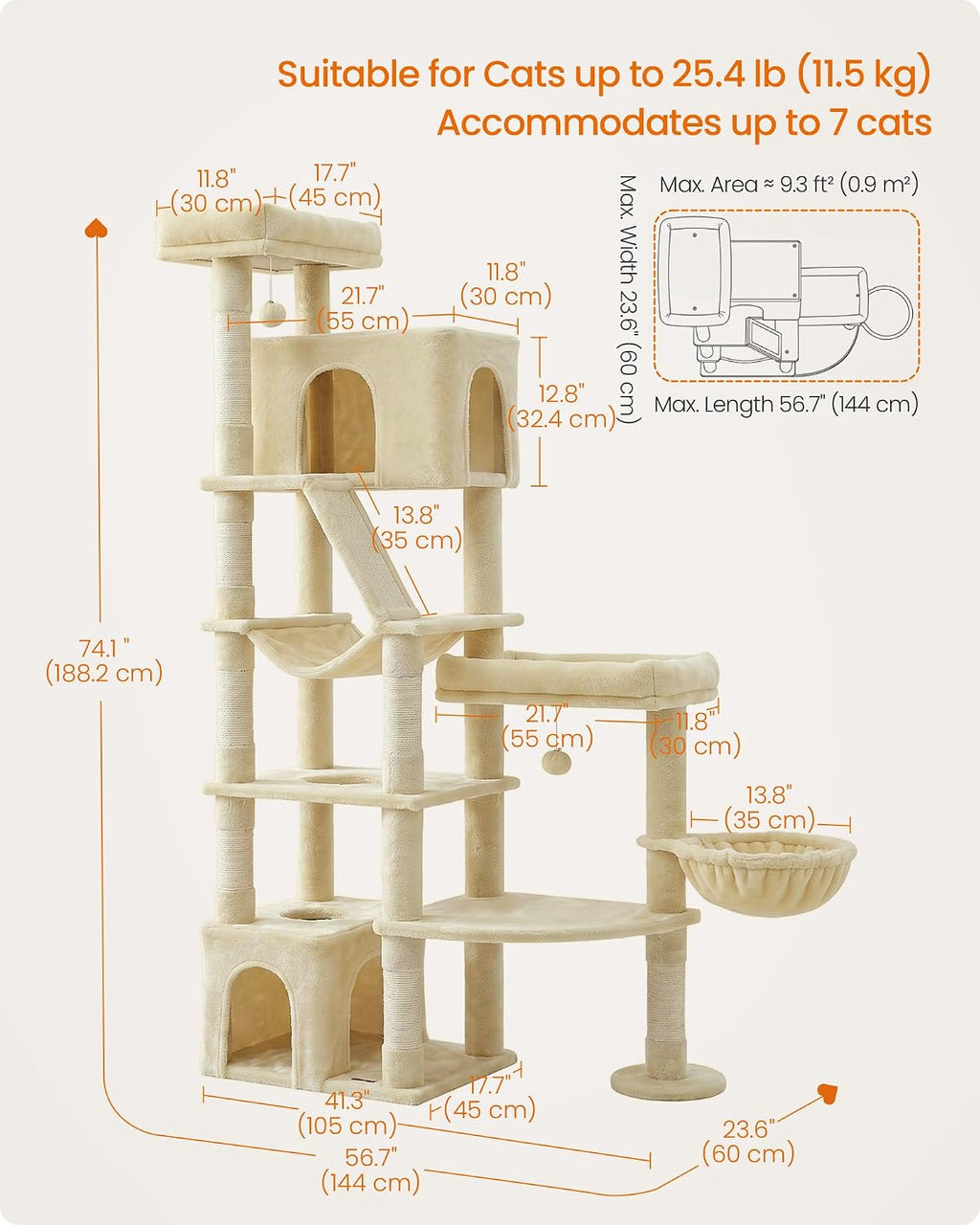 Feandrea Cat Tree, 74.1" Heavy Duty Cat Tower Condo for Indoors, Beige