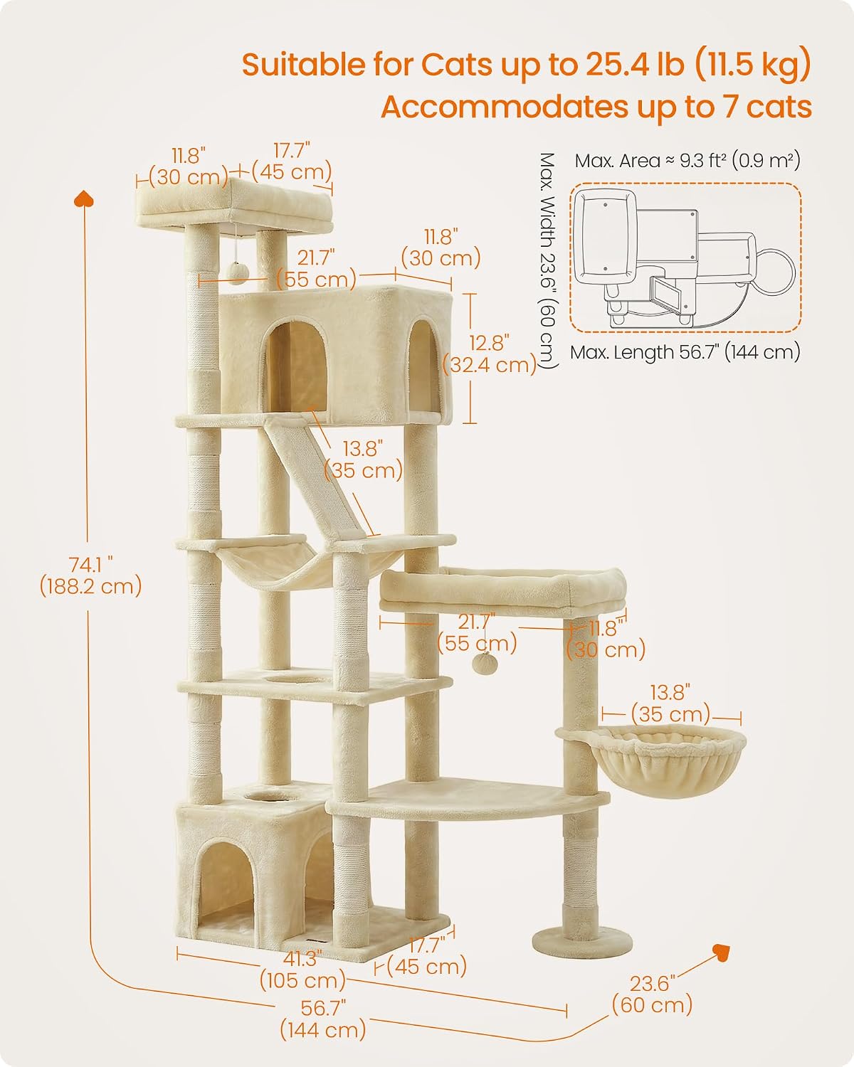 Feandrea Cat Tree, 74.1" Heavy Duty Cat Tower Condo for Indoors, Beige