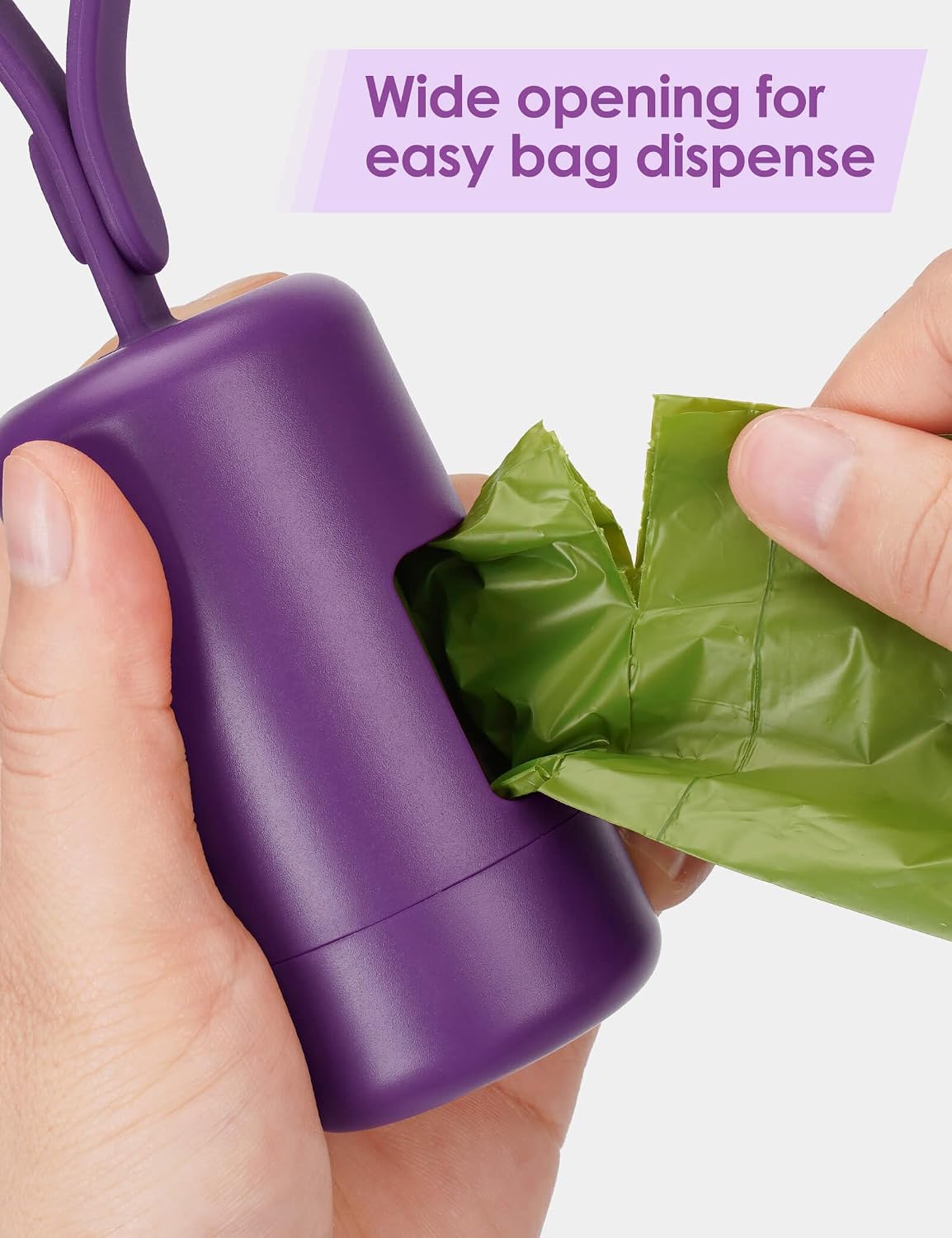 Gobeigo Dog Poop Bag Holder with Convenient Hook for Waste Bags(Purple) | Silicone Strap Fits Any Leash, Large Opening for Easy Dispensing with 1 Bonus Roll of Waste Bags