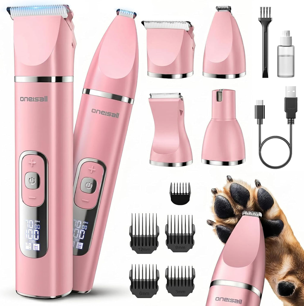oneisall 4 in 1 Dog Grooming Kit with LCD Display Pink