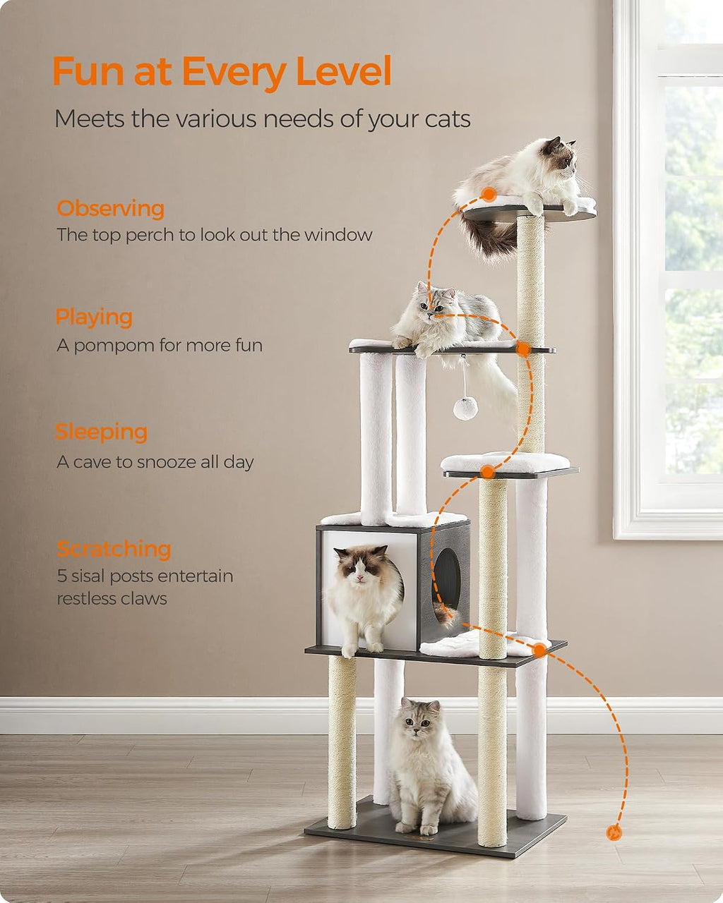 Feandrea Cat Tree, 65-Inch Multi-Level Tower with 5 Scratching Posts