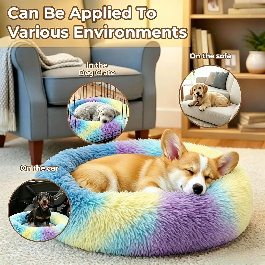 Calming Donut Dog Bed for Small Dogs, Anti-Anxiety Round Washable Plush Fluffy Faux Fur Large Cat Bed, 24 inches Fits up to 25 lbs Pets, Anti-Slip Waterproof Mute Base Rainbow