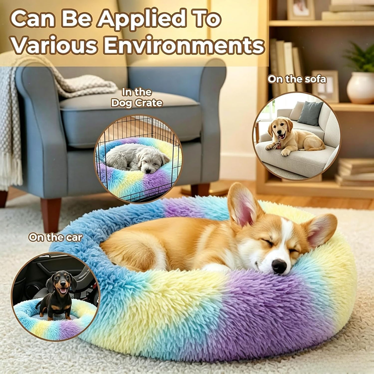Calming Donut Dog Bed for Small Dogs, Anti-Anxiety Round Washable Plush Fluffy Faux Fur Large Cat Bed, 24 inches Fits up to 25 lbs Pets, Anti-Slip Waterproof Mute Base Rainbow