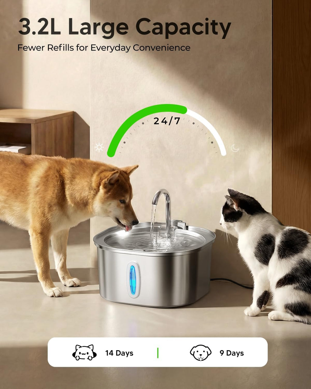PEKTACO Cat Water Fountain, 3.2L/108oz Stainless Steel Pet Water Fountain
