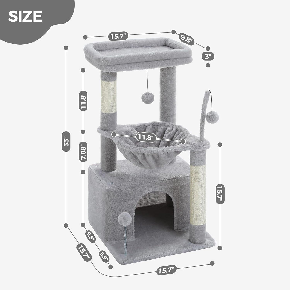 PEQULTI 4-in-1 Cat Activity Tree for Kittens & Small Cats, 33in Grey Tower