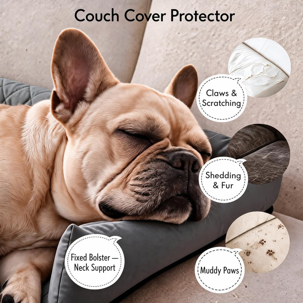 Calming Dog Couch Bed with Head Support, Waterproof Sofa Cover, Grey, M