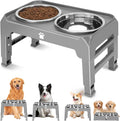 Elevated Raised Dog Bowl Stand with 2 Stainless Steel Bowls, Adjustable Height for Medium Large Dogs, 12.36" - 3.7" Foldable Feeder, Grey