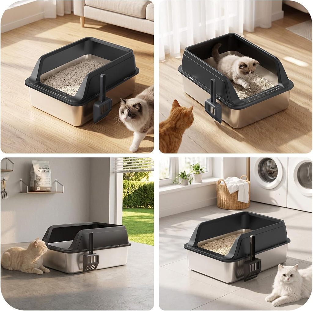 FURTIME Stainless Steel Litter Box with Lid, High Sided Metal Litter Box