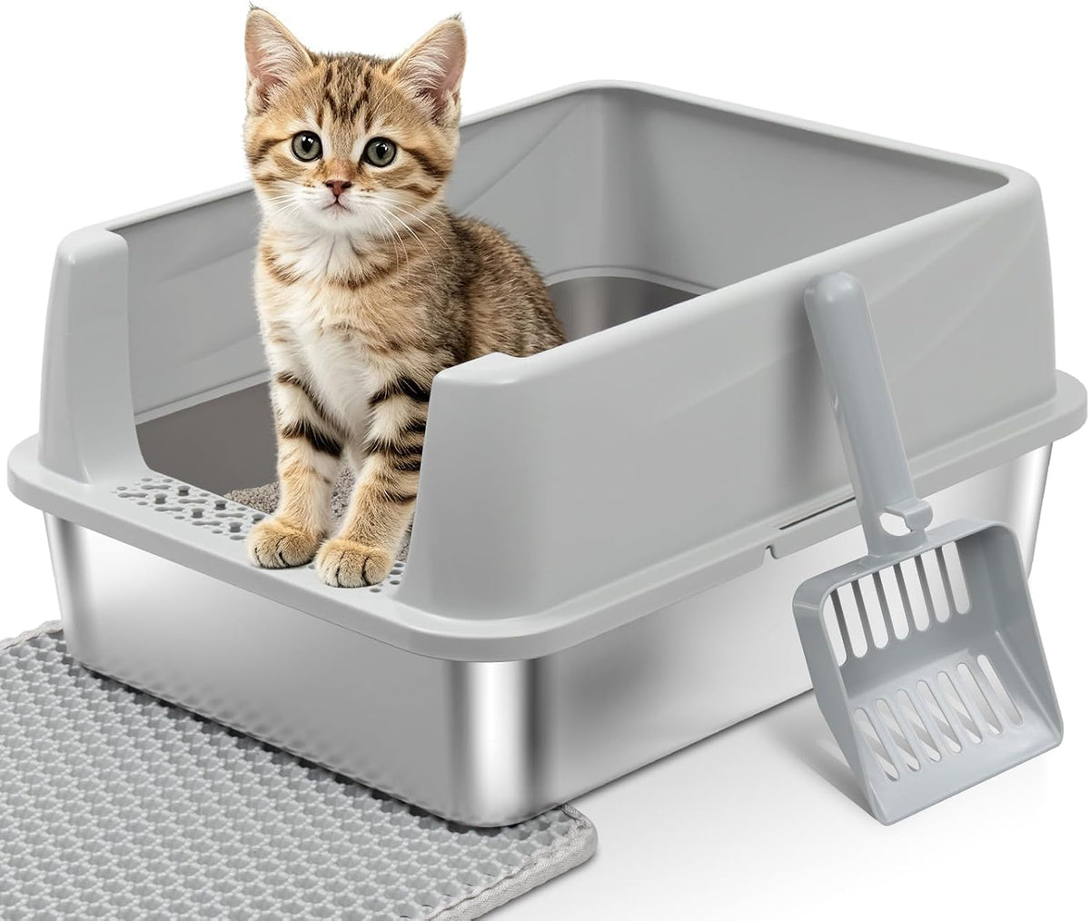 Stainless Steel Litter Box with Lid,Cat Litter Box for Kitten | Metal Kitty Litter Box for Small Cats,Non-Stick,Anti-Leakage,Easy to Clean,Include Scoop and Mat
