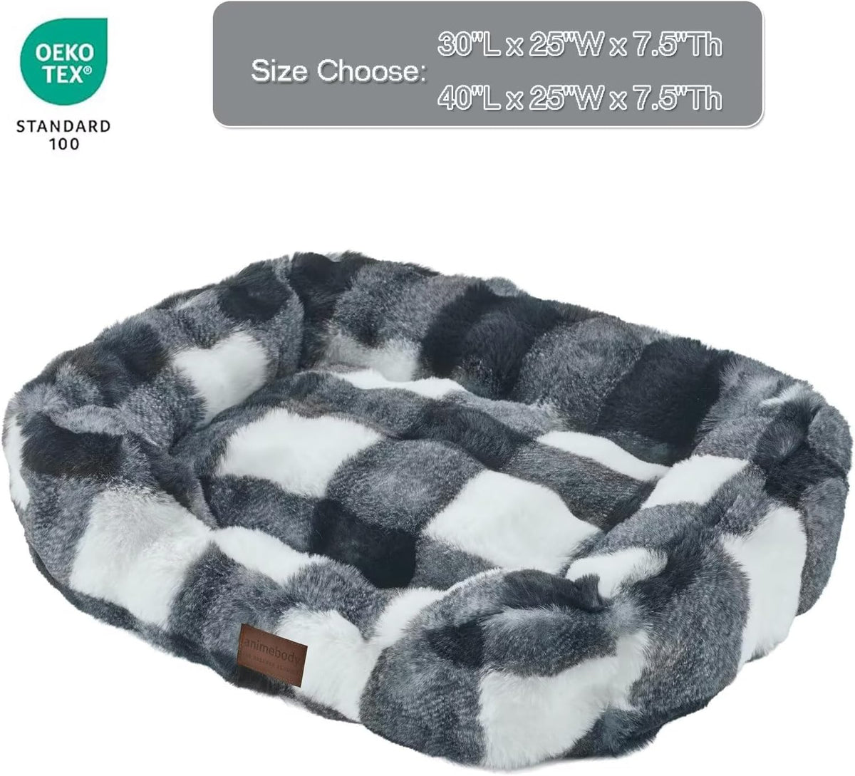Washable Orthopedic Dog Bed,Rectangle Fleece & Luxury Pet Bed with Removable Zipper Cover & Anti-Slip Bottom,Suitable for Medium Large Dogs,30x25x7.5inches,Black/White