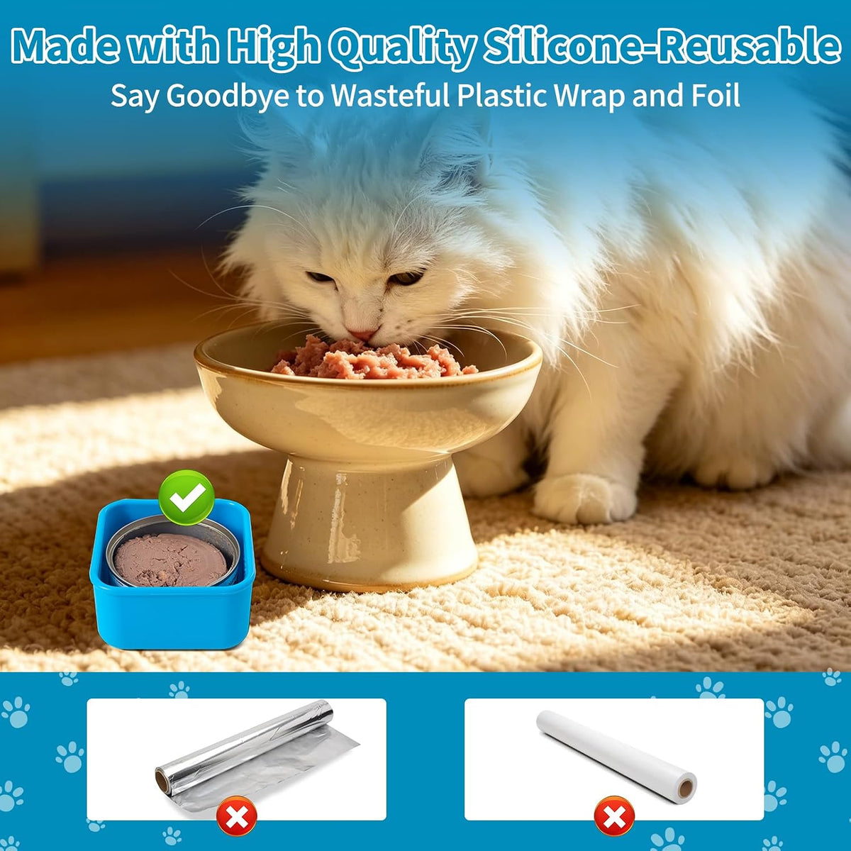 Cat Can Cover 5.5 oz Canned Food Storage Container, 2Pack Silicone Can Sealer with Airtight Lids Compatible with 5.5oz Friskies & 3.5oz Cesar Dog Can for Fridge to Keep Fresh (Turquoise and Blue)