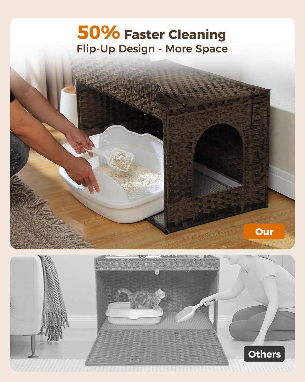 MUTTROS Rattan Cat Litter Box Enclosure - Hidden Litter Box Furniture by Handwoven Wicker with Taller Doorway & Raised Edge Mat-Cat House Cabinet for Large Cats Indoor Living Room Odor Control, Brown