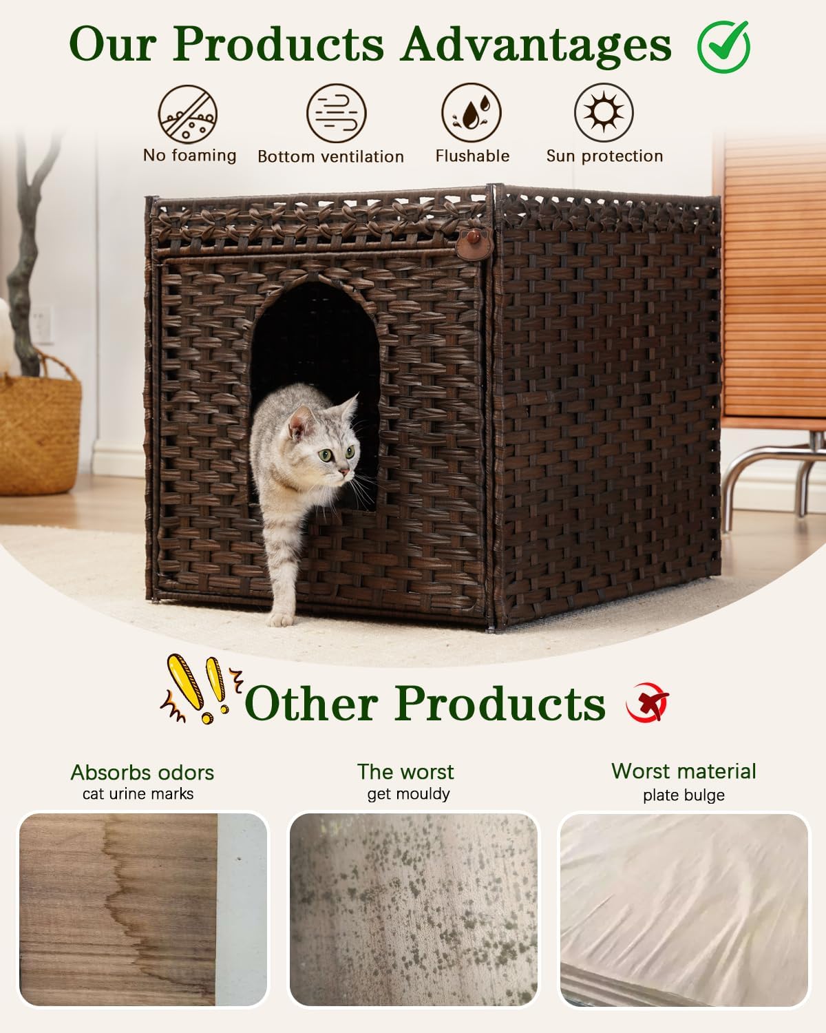 SETVSON Cat Litter Box Enclosure, Large PE Rattan Side Table, Brown