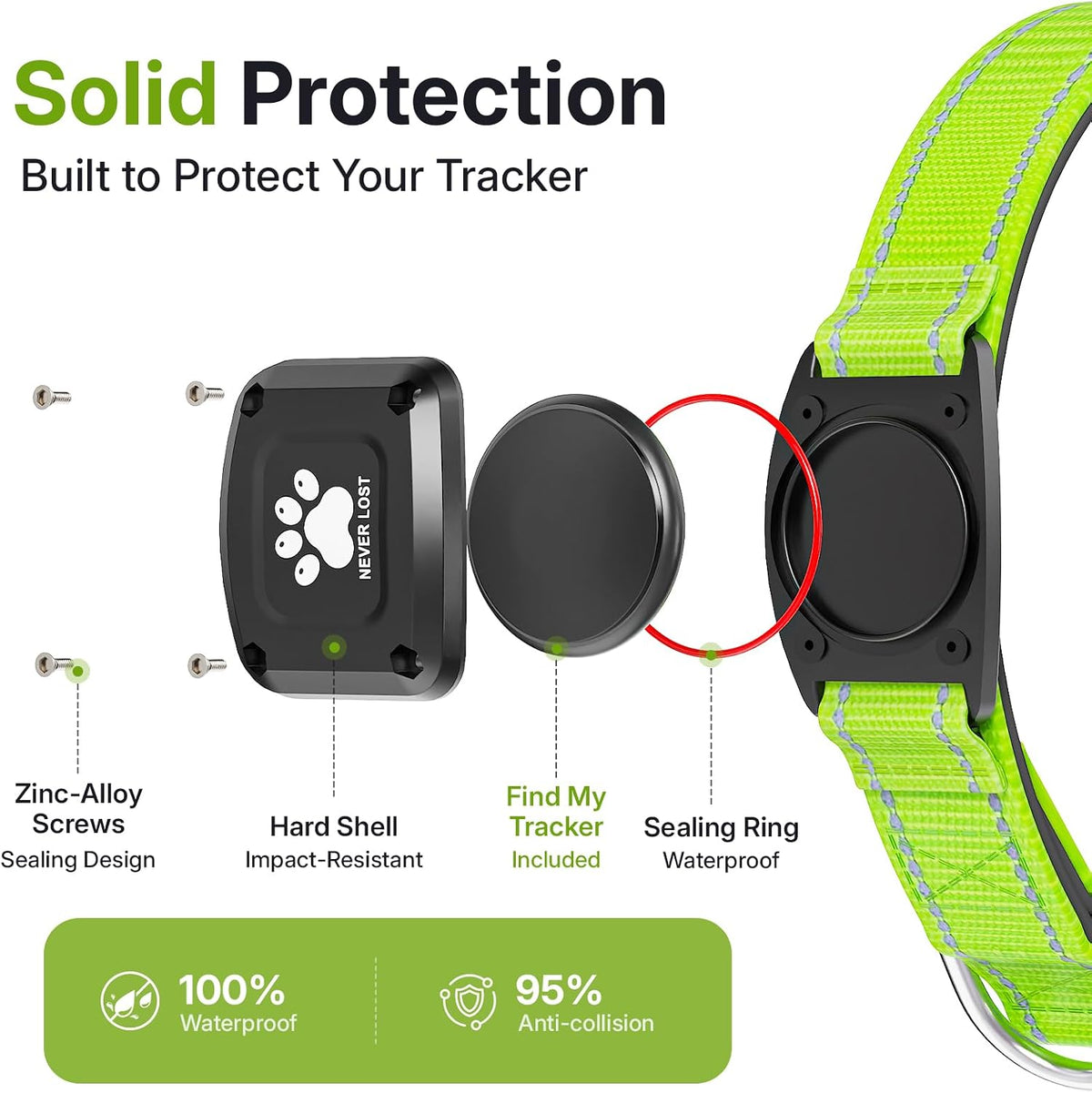 GPS Dog Collar with Tracker, Waterproof, No Monthly Fee, Green, L