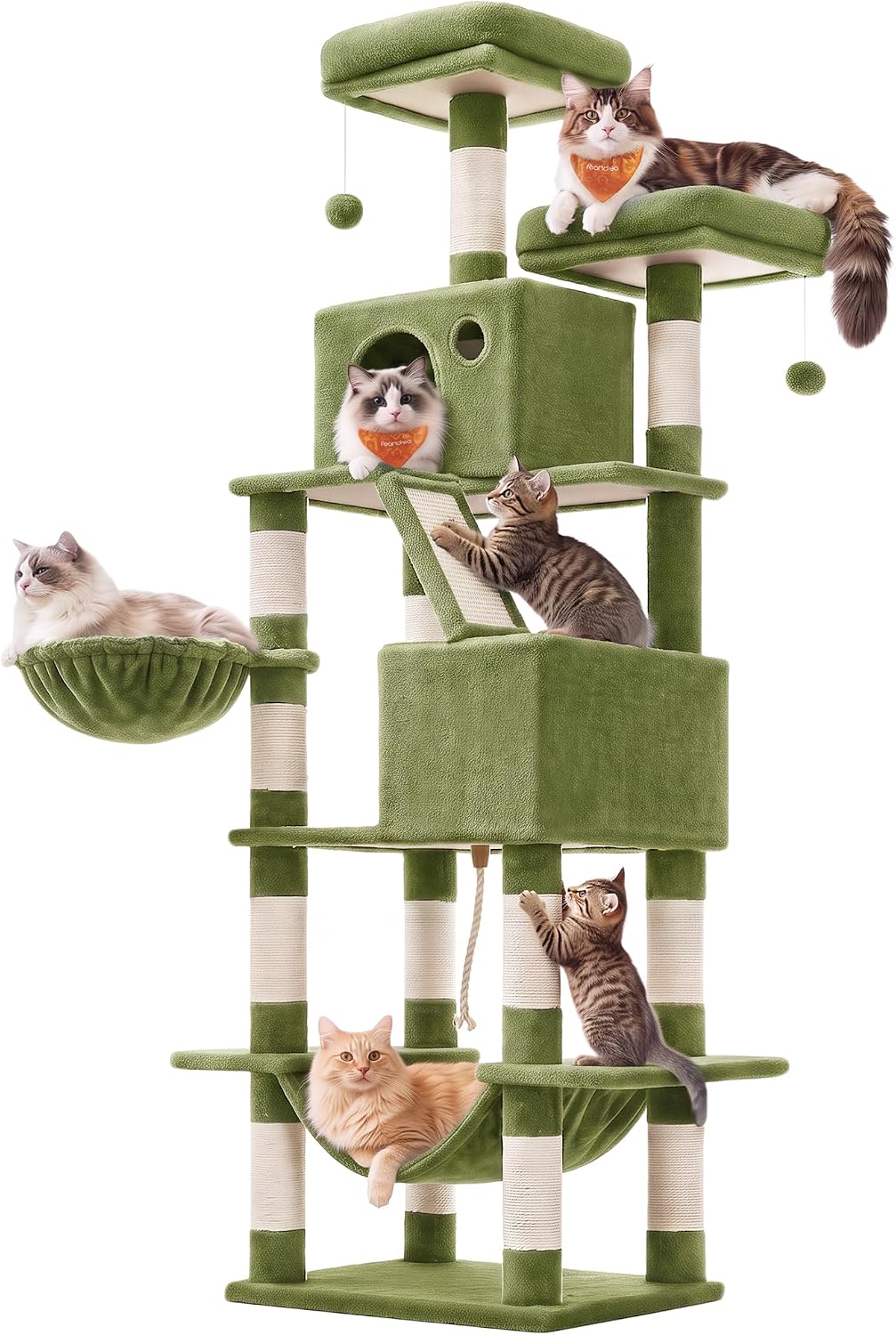 Feandrea Cat Tree, 81.1-Inch Large Cat Tower, Multi-Level Condo, Green