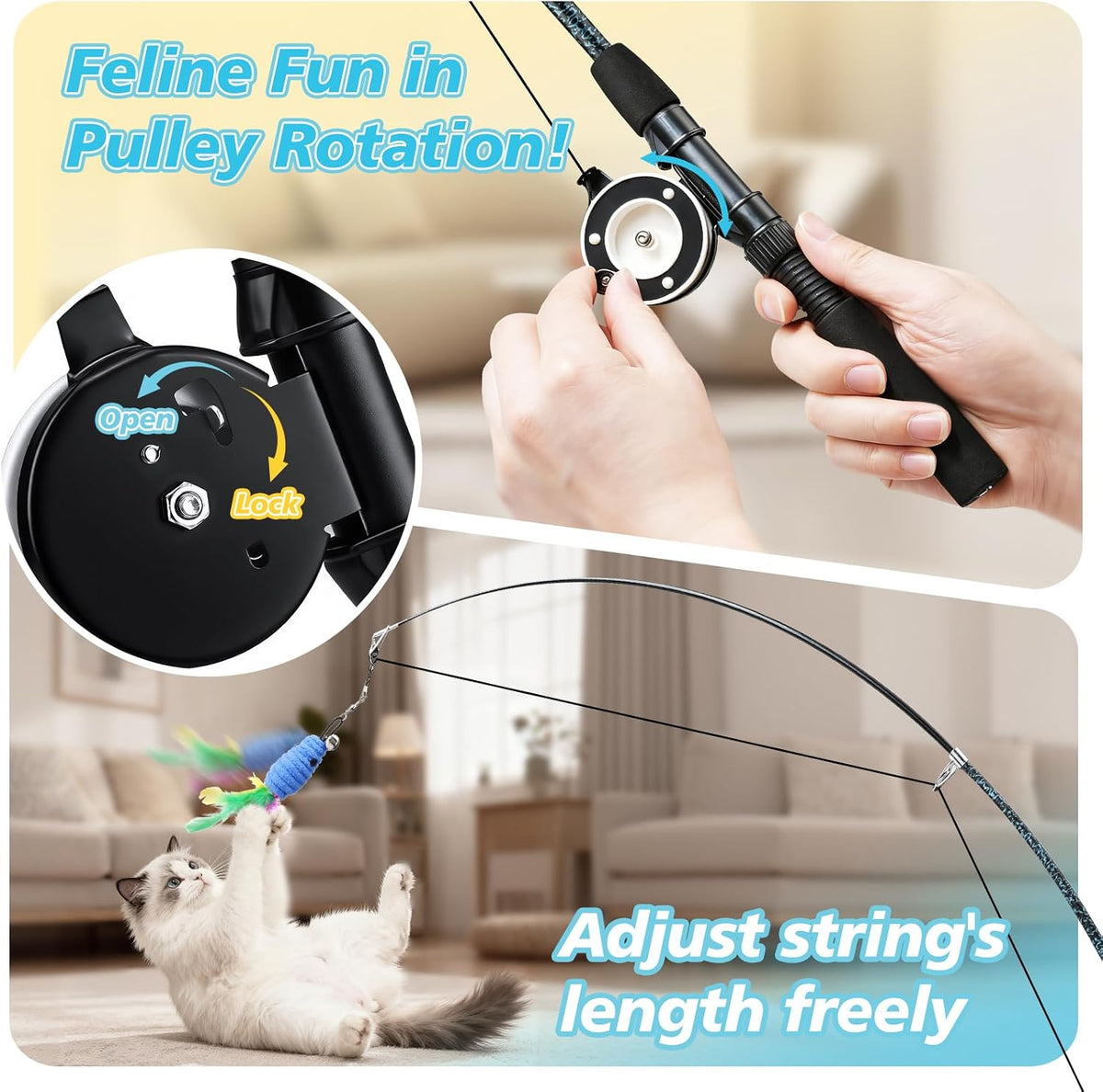 Pawaboo Cat Teaser Wand Toys, Cat Fishing Pole Toy with 3 PCS Feathers