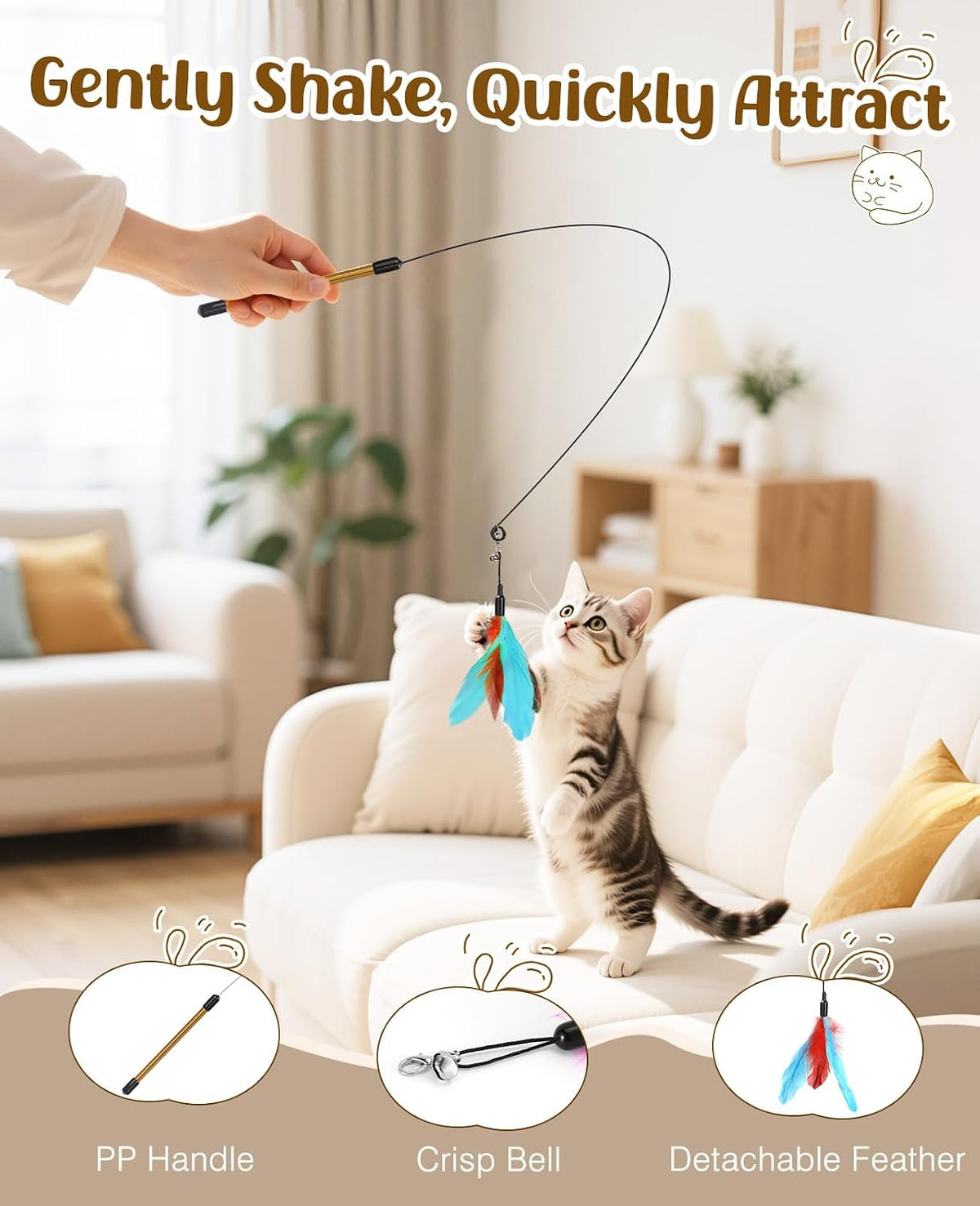 Pawaboo Cat Feather Wand Interactive Toy, 2 Feathers + 1 Wand with Bell | Cat Feather Teaser Toys Flying Catcher Extra Long 34.5" Wand Exerciser Playing Chase Cat Toy Wands for Kitten, Blue&Red Brown