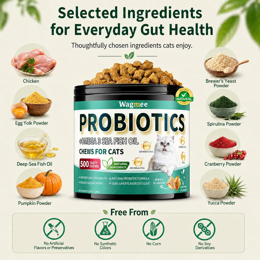 Cat Probiotics Chews 500 Count, Omega 3 Fish Oil Skin Coat Gut Support