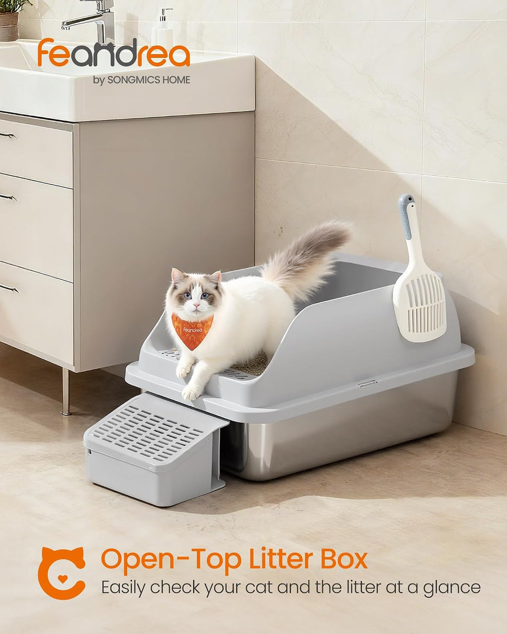 Feandrea 2 Pack Stainless Steel Cat Litter Boxes, for Cats up to 33 lb | High Sided Litter Trays with Open Top, Step, Scoop, Brush, Light Gray, BOXAL Collection UPPT012GD01