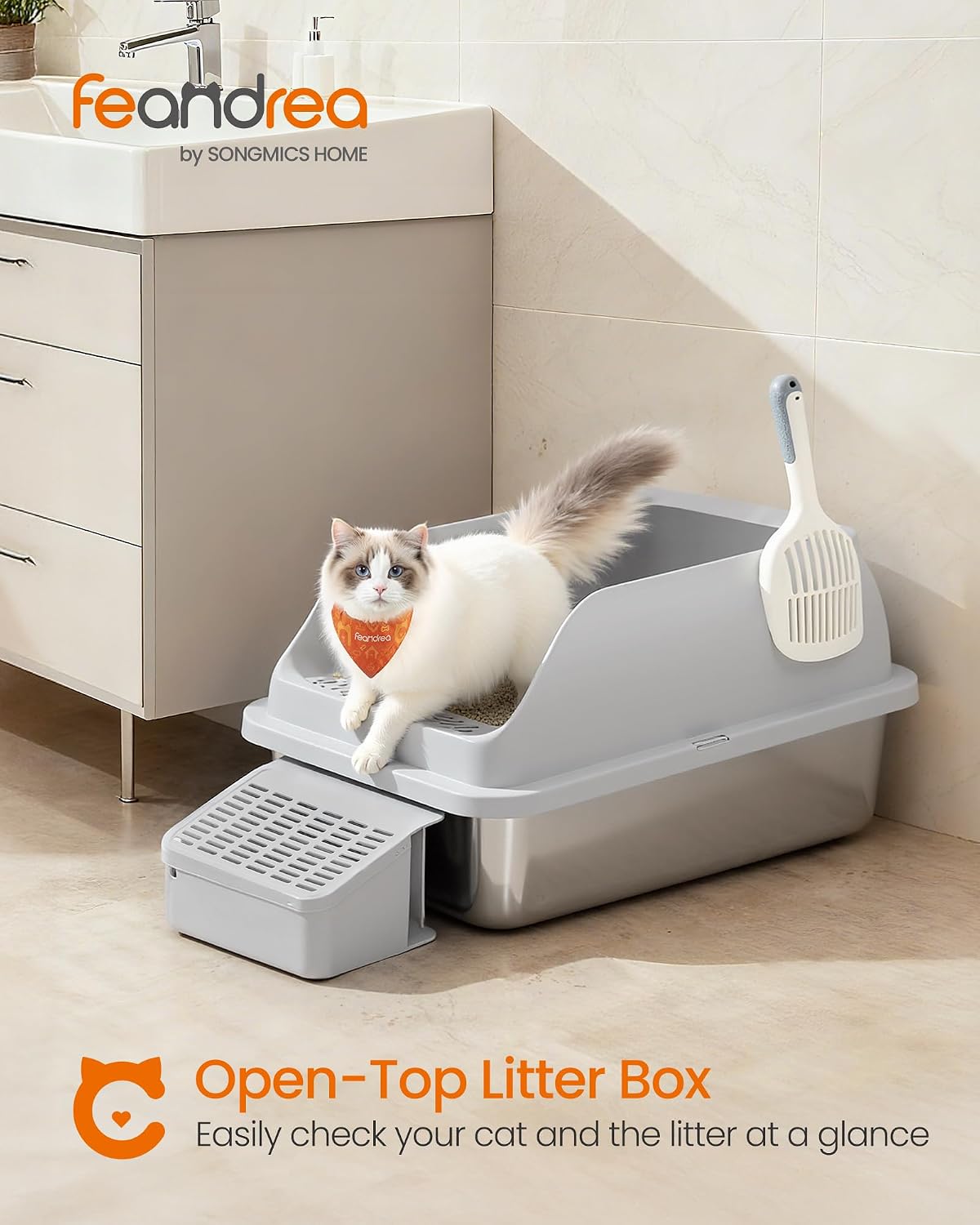 Feandrea 2 Pack Stainless Steel Cat Litter Boxes, for Cats up to 33 lb | High Sided Litter Trays with Open Top, Step, Scoop, Brush, Light Gray, BOXAL Collection UPPT012GD01