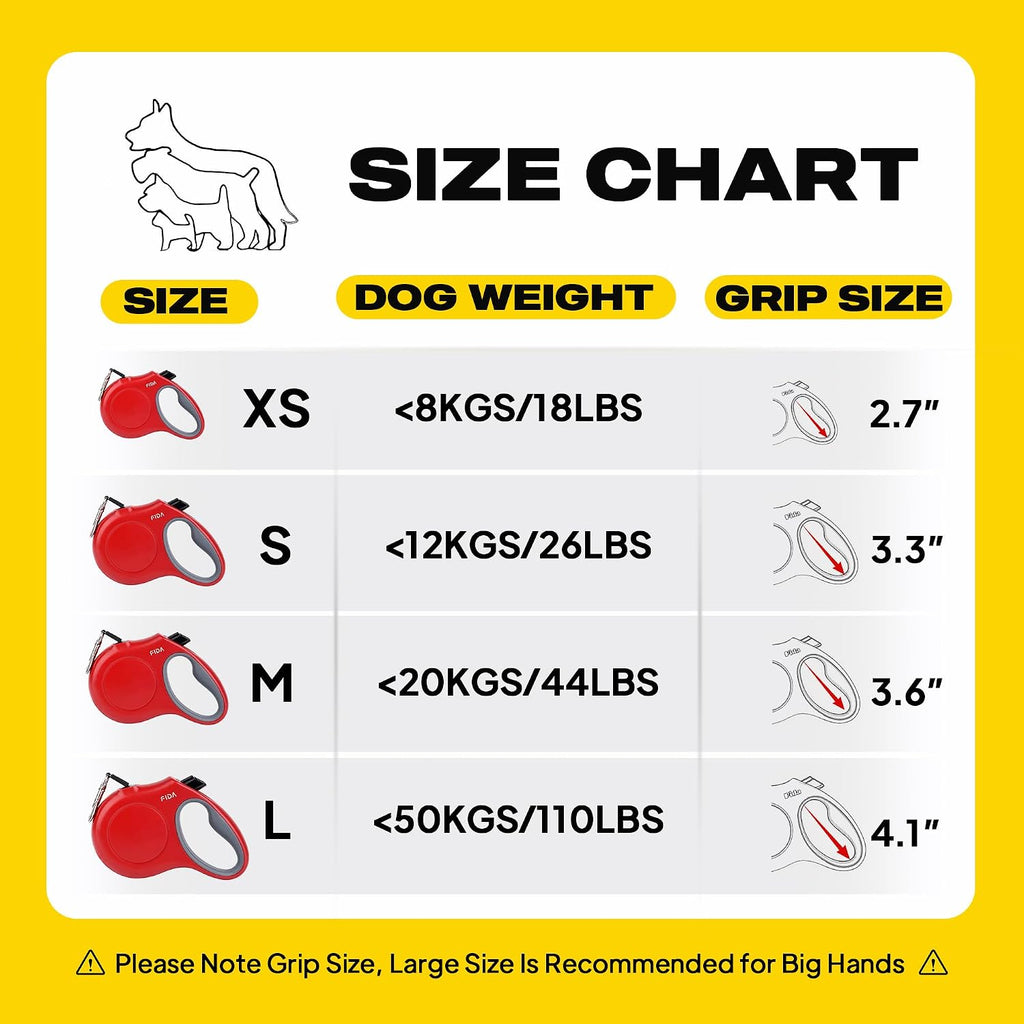 Fida Retractable Dog Leash, 16ft Heavy Duty Pet Walking Leash for X-Small/Small/Medium/Large Dog or Cat up to 110 lbs, Tangle-Free. One-Hand Brake (Large, Red)